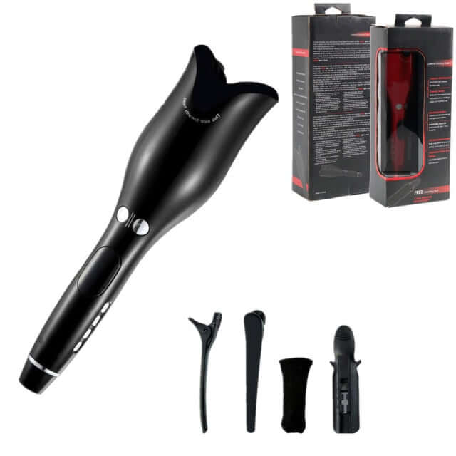 Black professional hair curler + 4 spare parts and front and rear views of its box