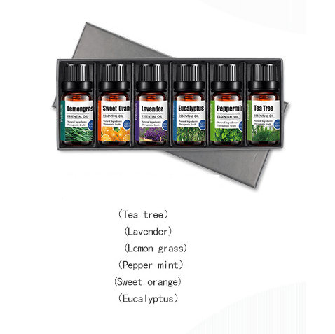 Breath easy essential oils set consisting of tea tree, lavender, lemon grass, pepper mint, sweet orange and eucaliptus oils