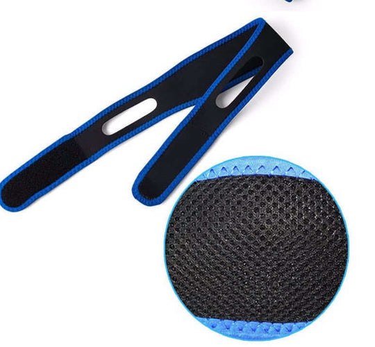  Close view of an anti-snoring jaw strap in black color with blue edge 