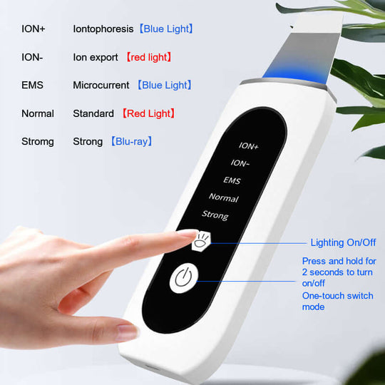 Comprehensive descriptin of principle and buttons of ultrasonic skin scrubber