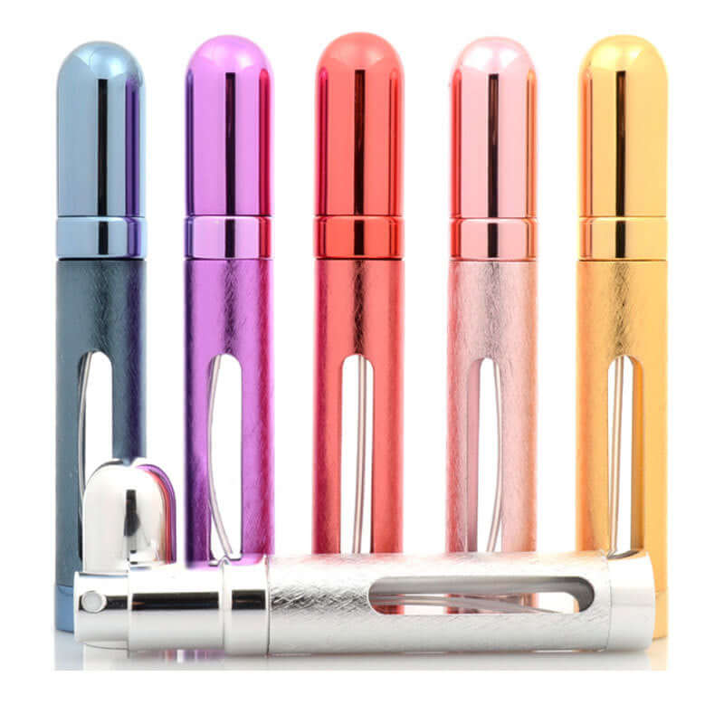 5 standing and one lying 12 ml portable refillable perfume bottle in 6 colors