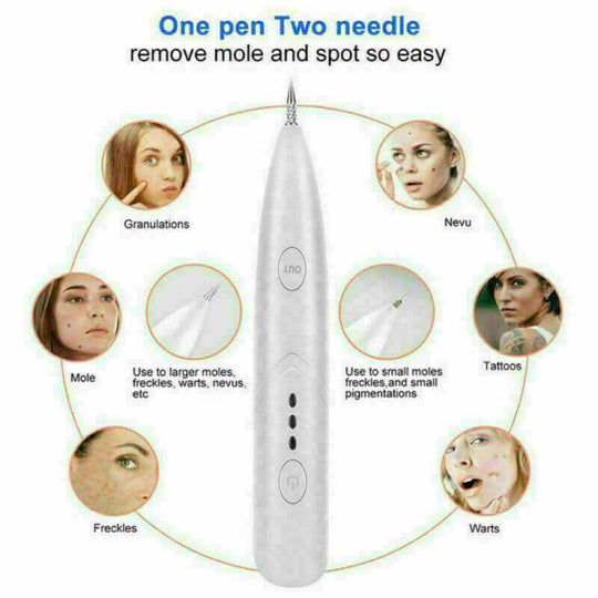 3-level blemish removal pen with small and big needles for freckles, moles, tattoos, and warts. Precision: small needle for minor pigmentations, big needle for larger issues.