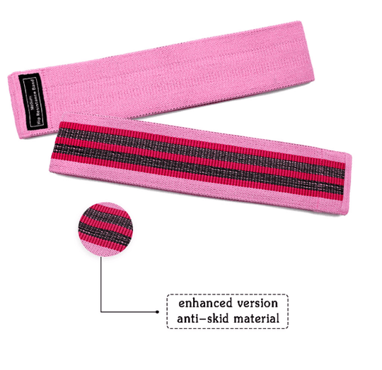 Front and back view of a pink fabric resistance band for working out 