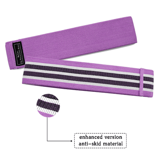  Front and back view of a purple fabric resistance band for working out 