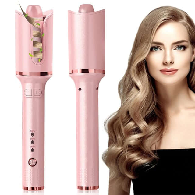 Front and rear view of pink professional hair curler and a beautiful woman with curled blond hair