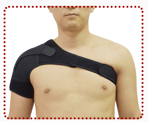 Front view of a man wearing unisex orthopaedic support brace on his right shoulder