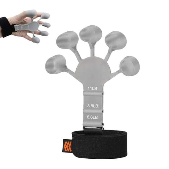 Experience the Grey 6 Resistant Strength Finger Exerciser: View it both unused and in action to understand its effectiveness.