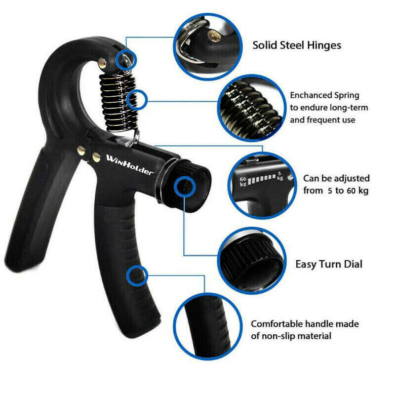 Experience the durable adjustable hand gripper with solid steel hinges, easy turn dial, enhanced spring for long-term use, and a comfortable non-slip handle. Adjustable resistance from 5 to 60 kg.