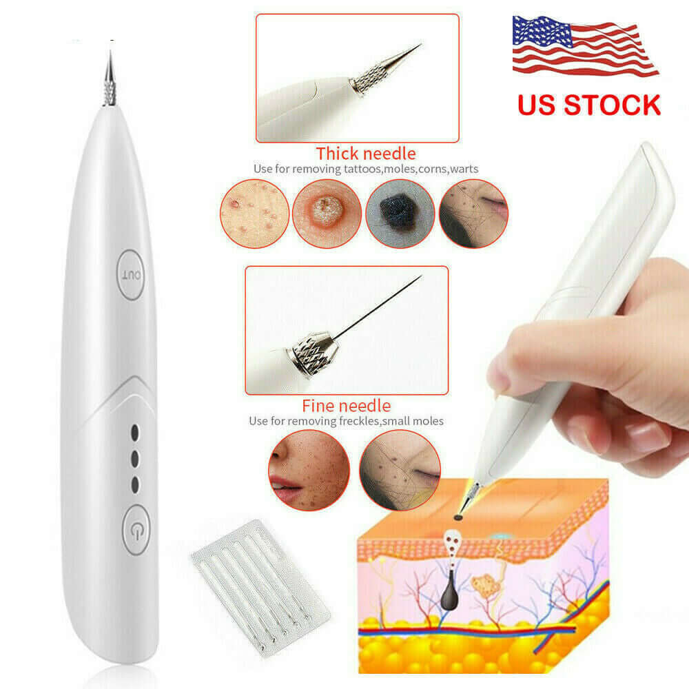 Blemish removal pen with interchangeable thick and fine needles, 5 spare small needles, modern electric ion technology for instant pigment removal, available in the USA.