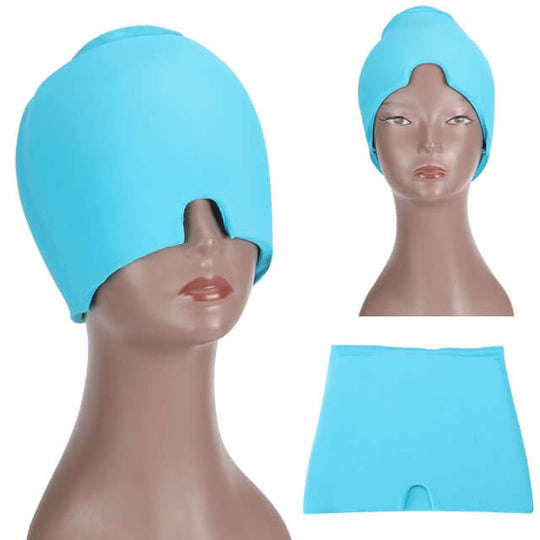 Light blue headache relief hat for migraine relief