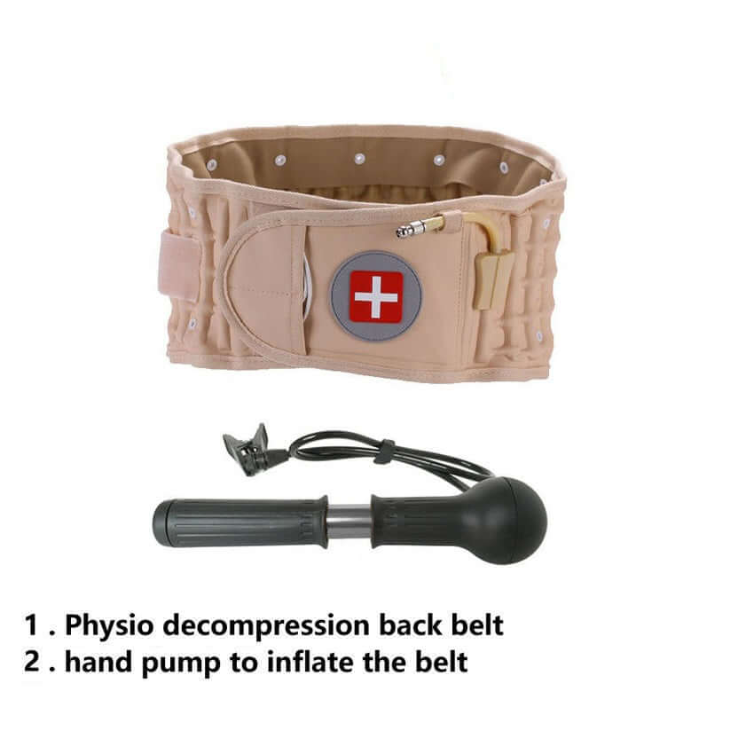 Lumbar decompression back support belt and hand pump for belt inflation