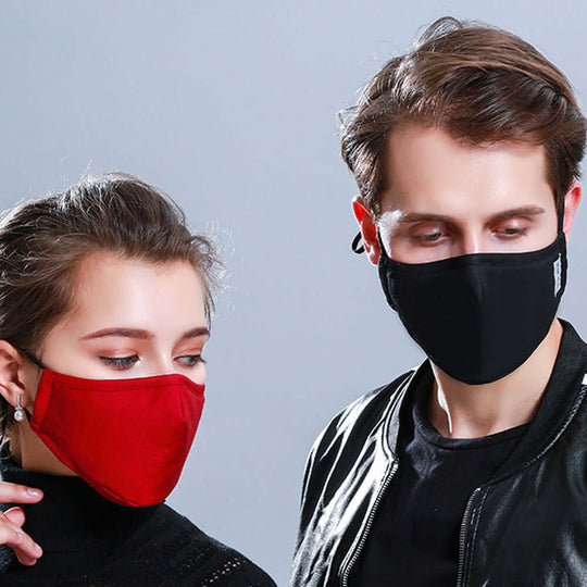 Man and woman wearing red and black cotton PM2.5 reusable face masks