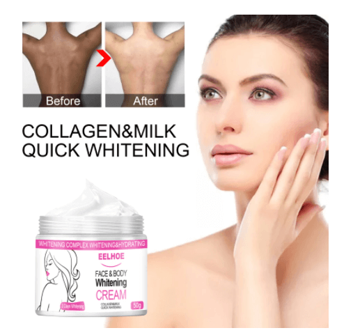 Man's back and woman's face before and after usage of collagen body whitening lotion