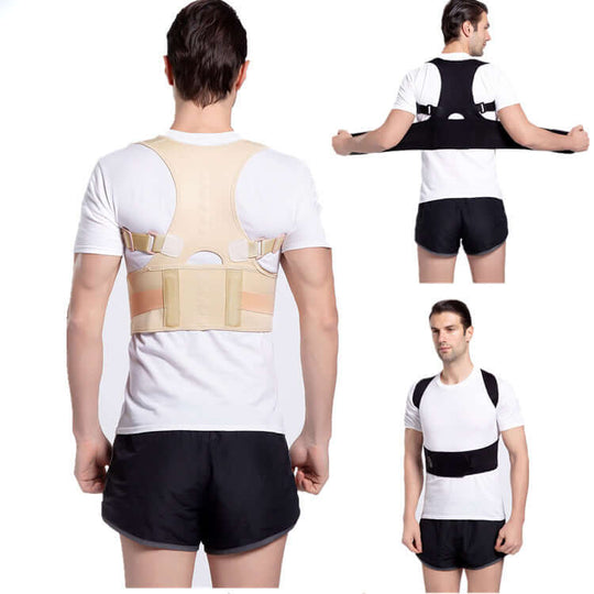 men wearing beige and black magnetic humpback correction belt - front and back view