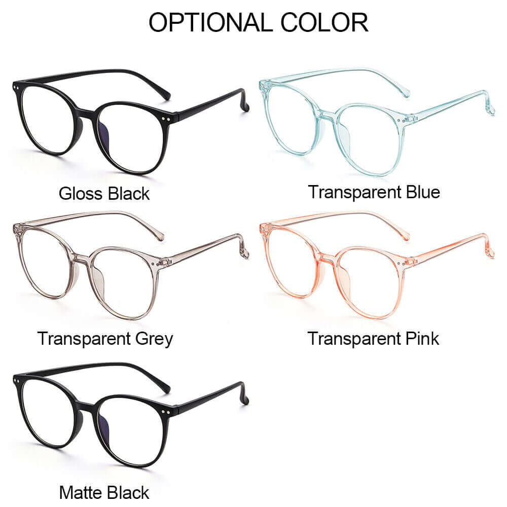 Optional color between transparent grey, pink, and blue, matte or gloss black stylish blue light protection glasses 