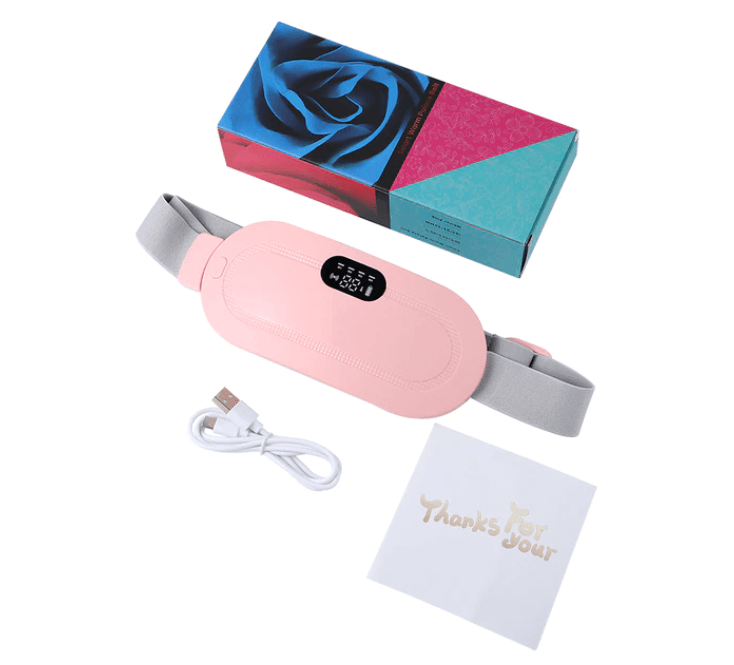 Pink abdominal menstrual heating pad , charger, a box and a thank you card.