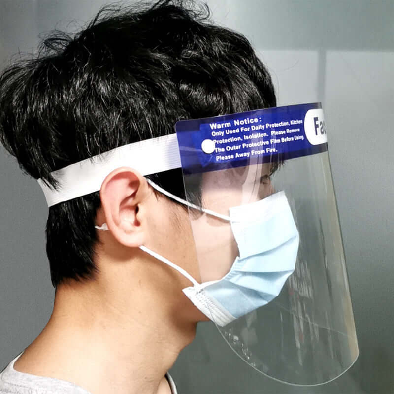 side view of a man wearing disposable protective face shield mask