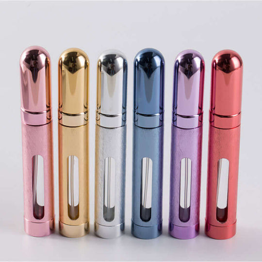 Six 12 ml portable refillable perfume bottles in different  colors