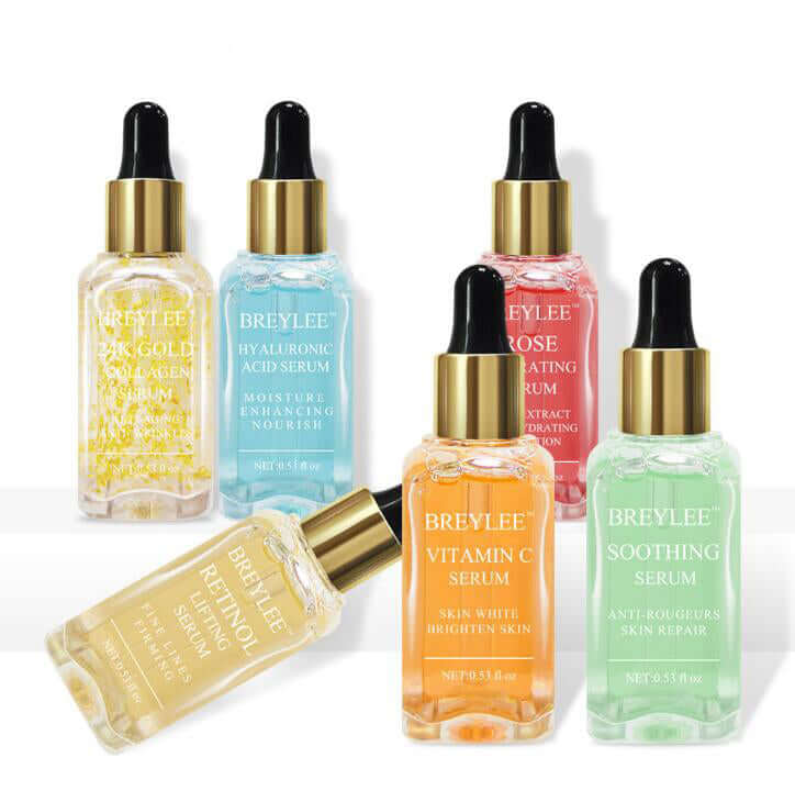 Six top Breylee facial skin care serums - soothing, rose, retinol lifting, hyaluronic acid 24K gold collagen and VitaminC serums 