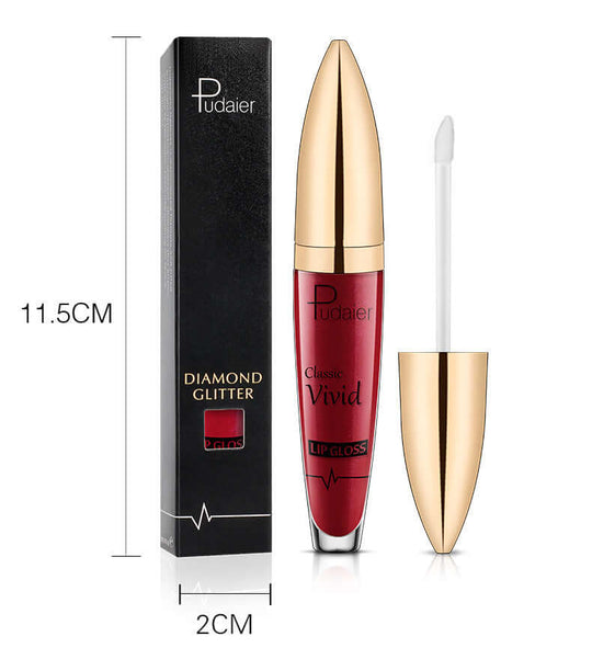 Discover elegance in a box (11.5x2 cm) with Pudaier Shiny Diamond Tint Lipstick and accompanying applicator, side by side.