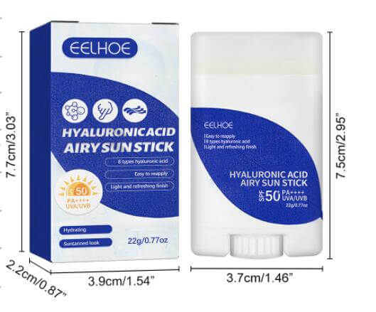 Sizes of a stick and a box of SPF50 hyaluronic acid moisturizer