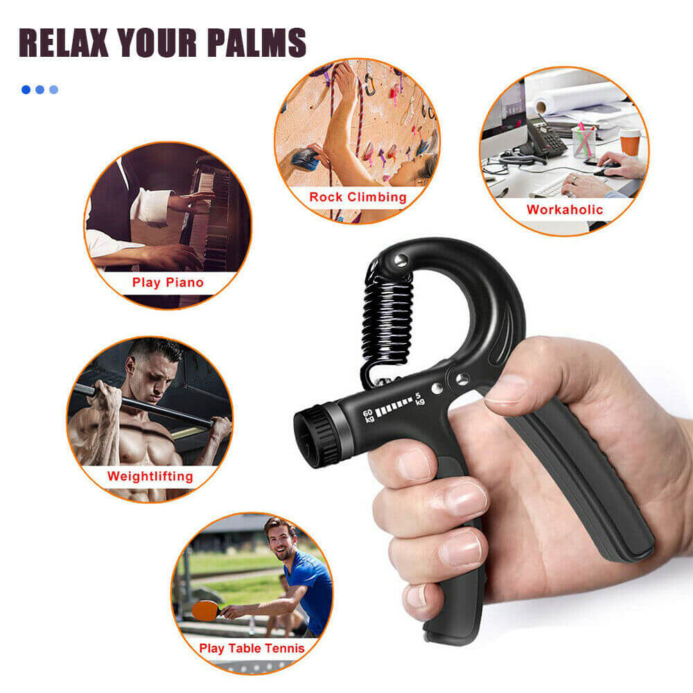 The 5-Pack Grip Strengthener Training Kit can be used by table tennis players, weightlifters, piano players, rock climbers etc.