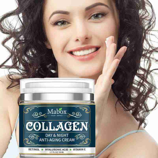 The face of a beautifu woman wearing anti-aging facial moisturizing collagen cream 