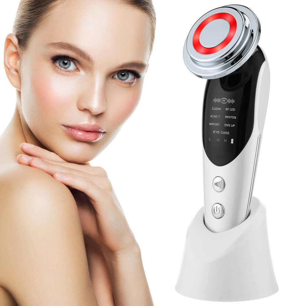 The face of a young woman and a 7 in 1 skin rejuvenation device