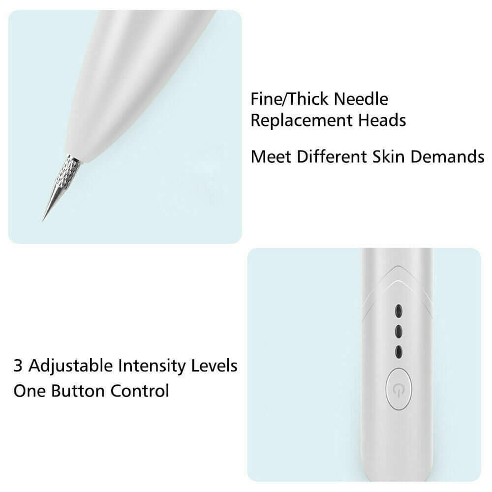 The blemish removal pen features interchangeable fine and thick needle heads to cater to diverse skin needs, along with 3 adjustable intensity levels and a convenient power button.