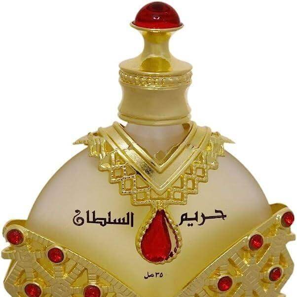 The top of the bottle of Hareem Al Sultan gold concentrated perfume oil