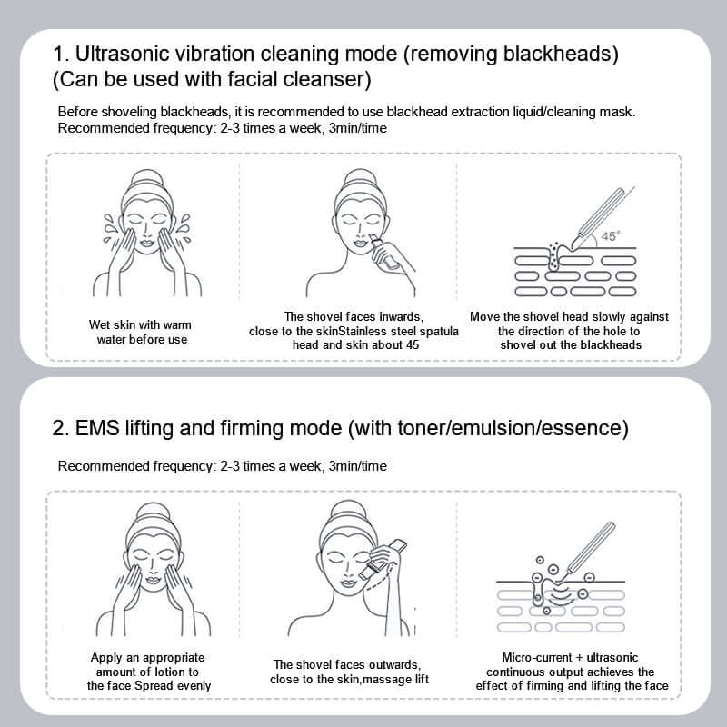 The ultrasonic skin scrubber has two modes of action 