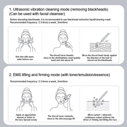 The ultrasonic skin scrubber has two modes of action 