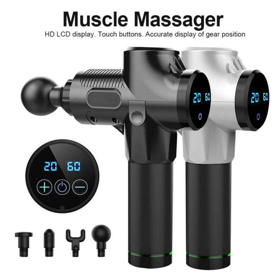 Two deep tissue massagers with 4 spare parts. Touch buttons with accurate HD LCD display