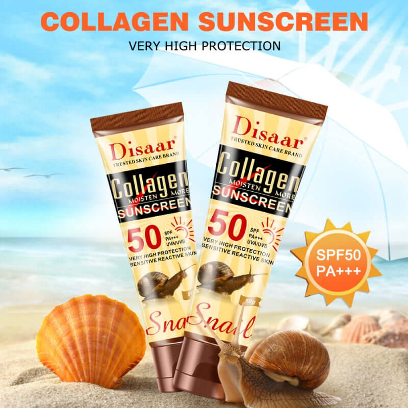 Two tubes of Disaar 50 SPF collagen sunscreen 