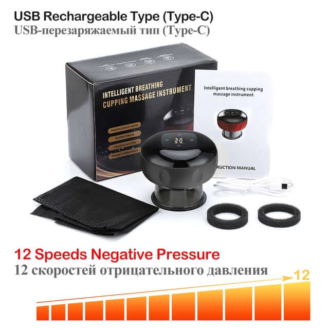 What is included in the box of a USB rechargable electric vacuum cupping massager with 12 speeds negative pressure