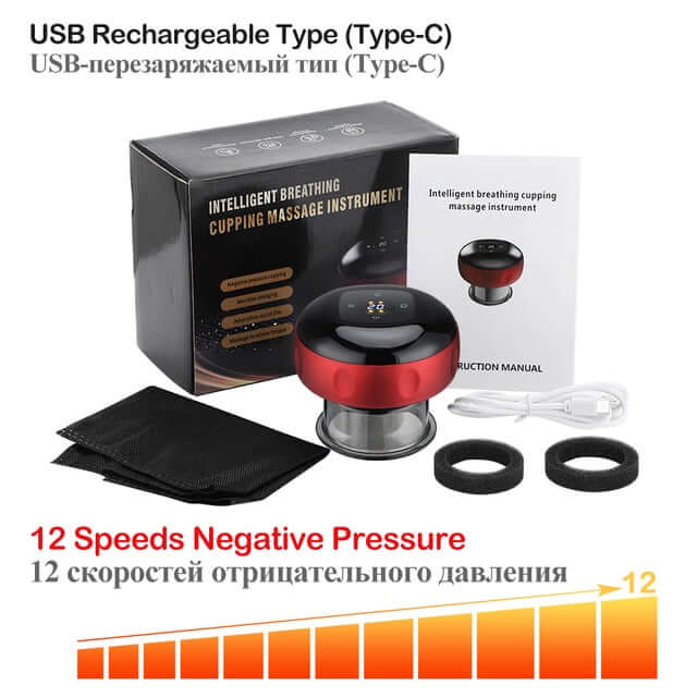 What is included in the box of a USB rechargable electric vacuum cupping massager with 12 speeds negative pressure