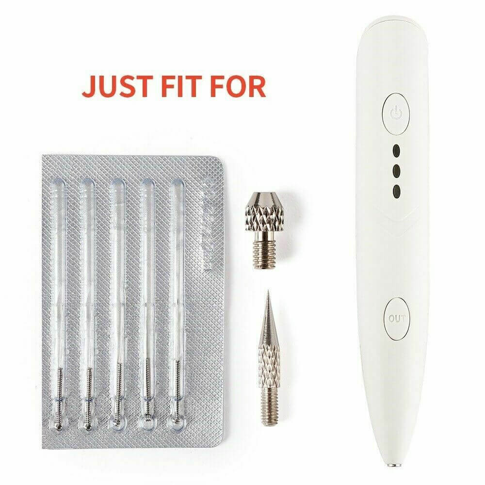 A 3-intensity level blemish removal pen, a cartridge with 5-sterile, individually packed small needles, a big needle and a needle cap.