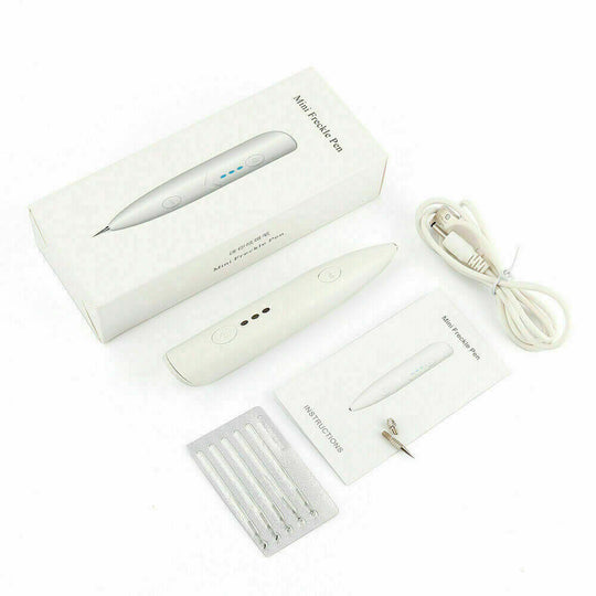 The 3-Intensity Levels Blemish Remover Set package comprises a box containing a pen, USB cable, a pack of 5 fine needles, a thick needle, a needle cap, and an informative instruction manual.