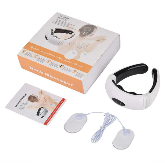 Intelligent electric pulse neck massager, 2 electrode pads, instruction manual and a box 