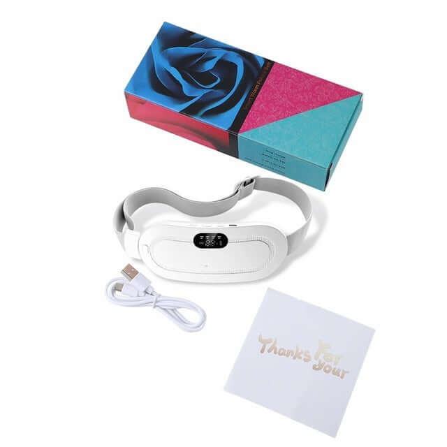 White abdominal menstrual heating pad , charger, a box and a thank you card.