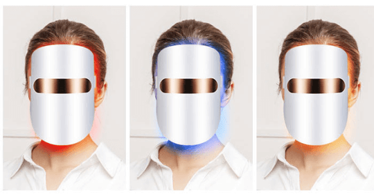 Women wearing beauty LED light face therapy masks in 3 colors