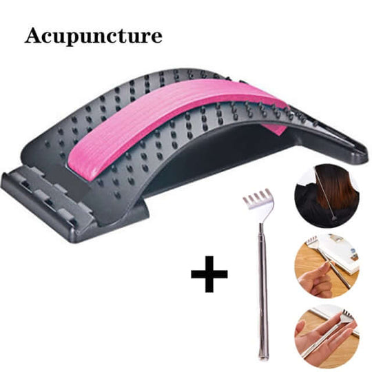 A purple and black acupuncture multi-level adjustable back massager plus oar