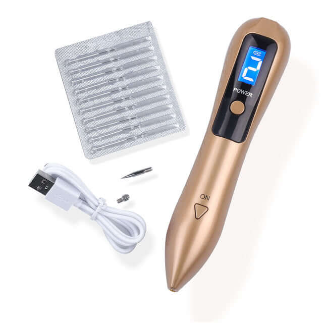 A 9-Intensity levels beige blemish remover pen, a USB direct plug-in, a disposable 10-needle cartridge, a long thick needle and a needle cap.