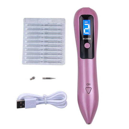 A 9-Intensity levels purple blemish remover pen, a USB direct plug-in, a disposable 10-needle cartridge, a long thick needle and a needle cap.