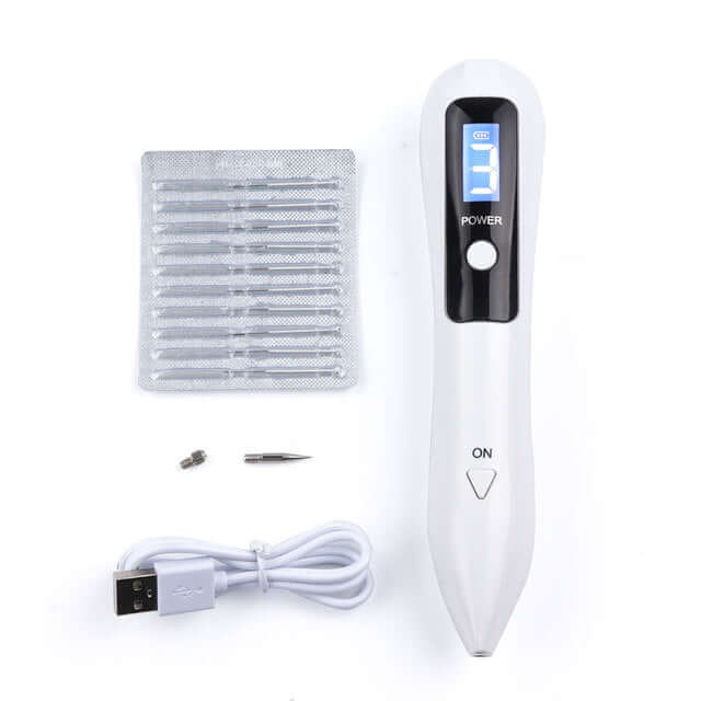 A 9-Intensity levels white blemish remover pen, a USB direct plug-in, a disposable 10-needle cartridge, a long thick needle and a needle cap.