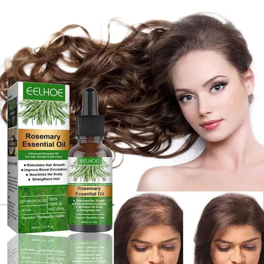 A bottle and a box of natural rosemary essential oil for hair growth - before and after use