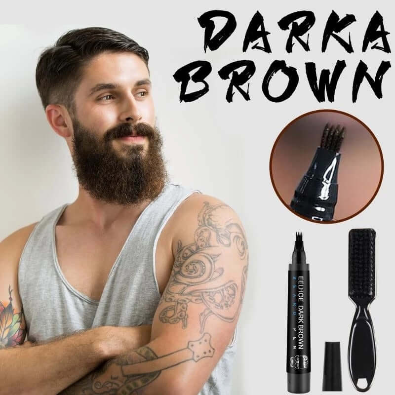 A man and a dark brown 4 tip beard filler pen and a brush 