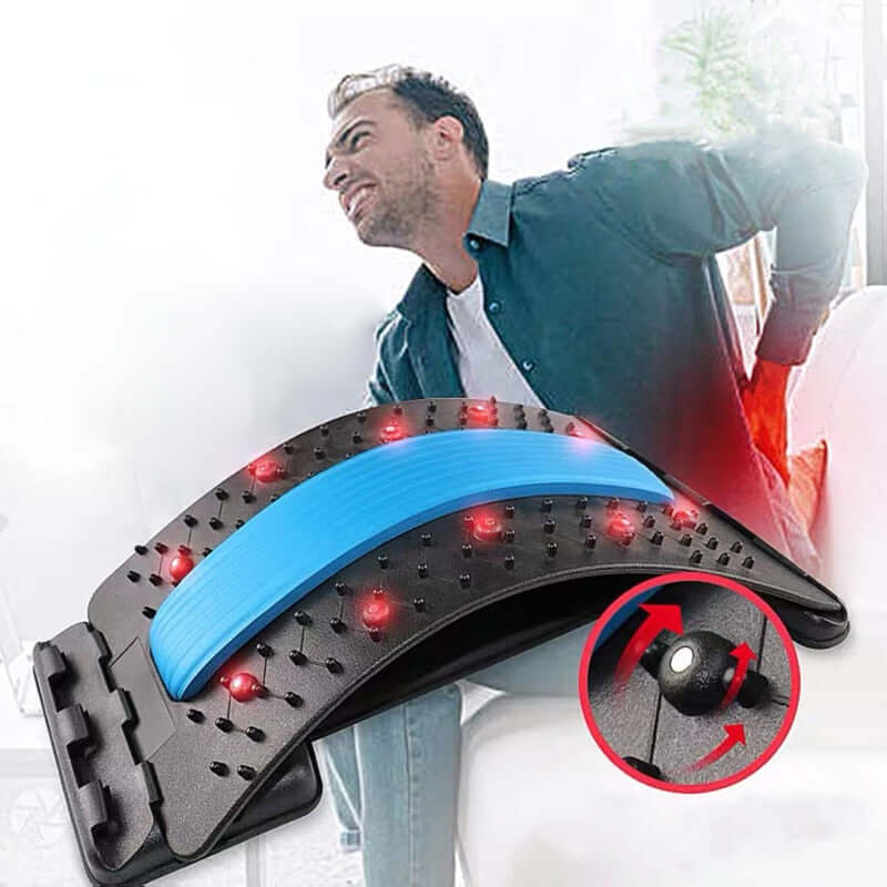 A man with a back pain and an adjustable multi-level back massager