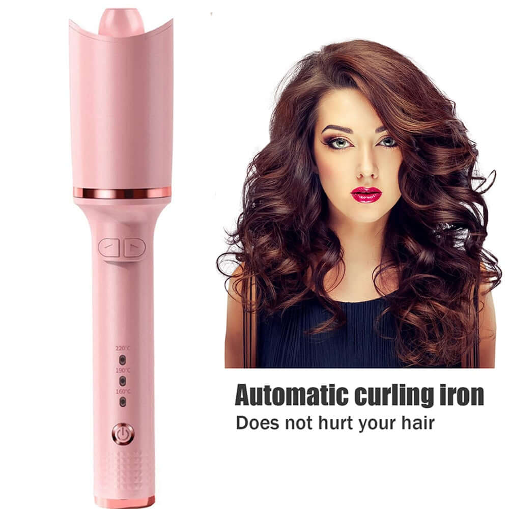 A pink professional automatic hair curler and a beautiful woman with curled long dark brown hair.