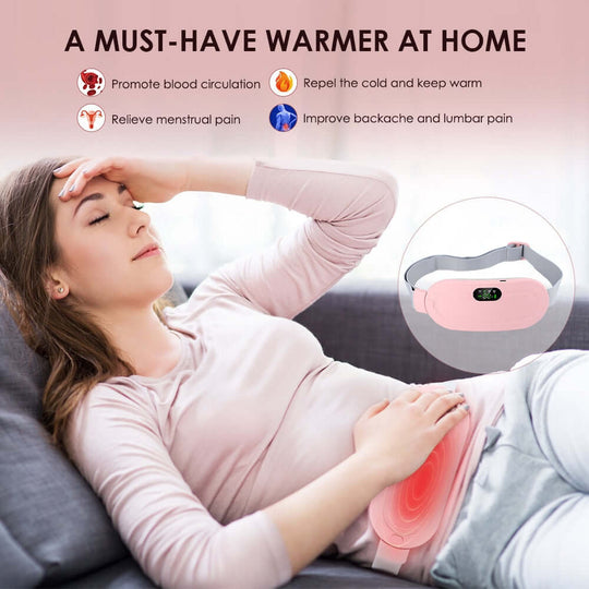 A woman in pain wearing abdominal menstrual heating pad 